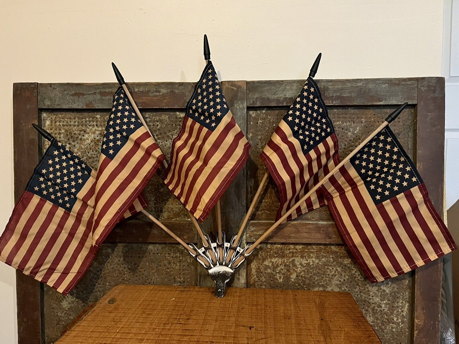 Primitive Americana Wall Mount w 5 Grubby Tea Stained Flags Patriotic USA 36" w | eBay US