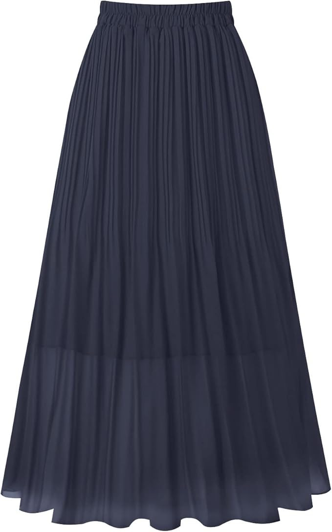 Kingfancy Women's Pleated Skirt Chiffon Elastic Waist A-Line Midi Length Skirt | Amazon (US)