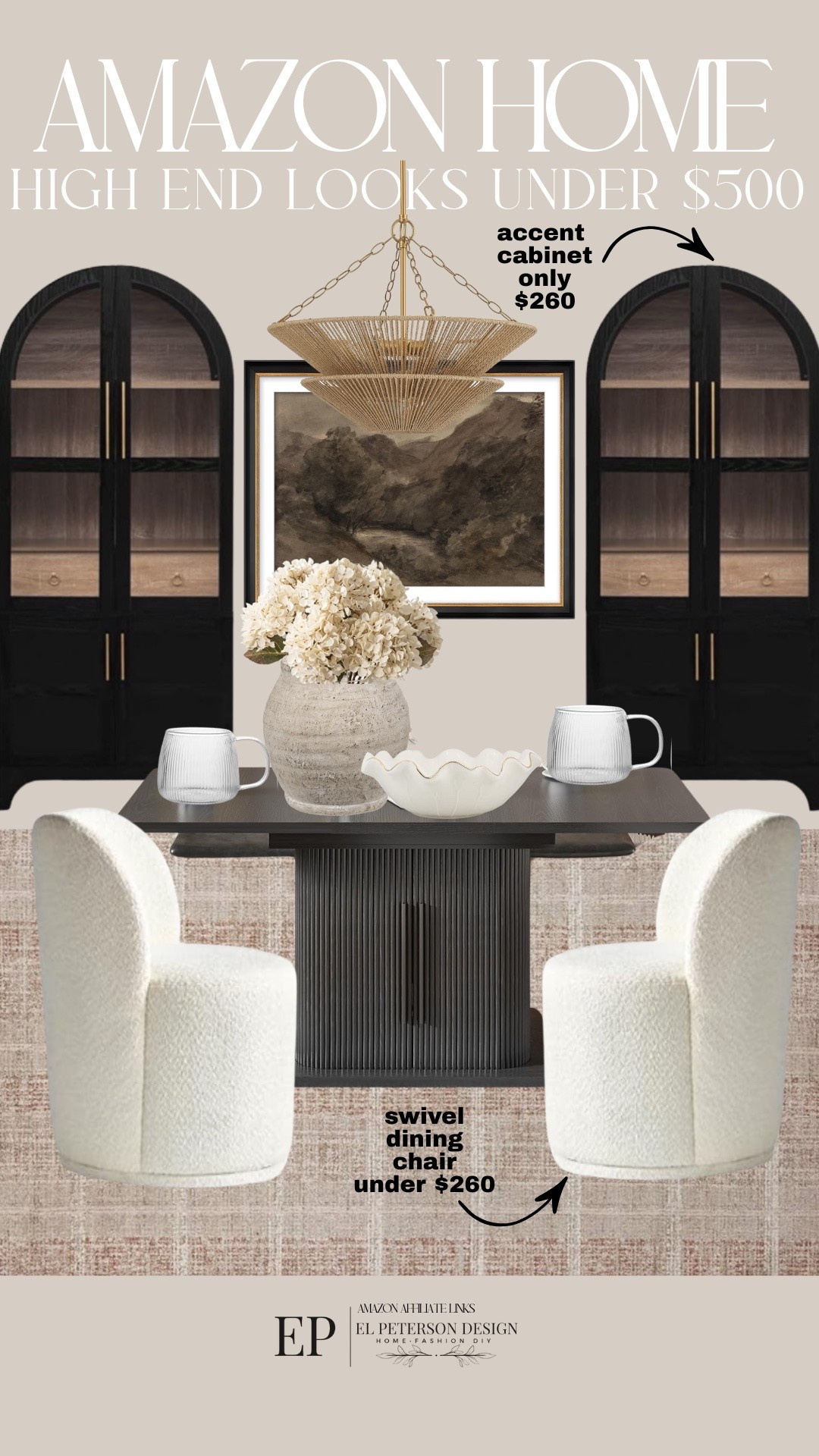 Amazon home
Arch cabinet 
Pendant light
Artwork
Dining chair
Dining table 
Vase
Mugs
Stems 

#LTKHome