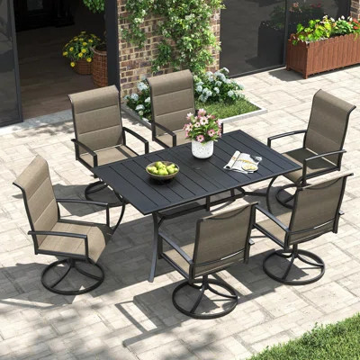 59''L x 38''W Dining Table with Umbrella Hole and 6 Padded PVC-coated polyester Swivel Chairs | Sturdy Outdoor Dining Set for Patio | Wayfair North America