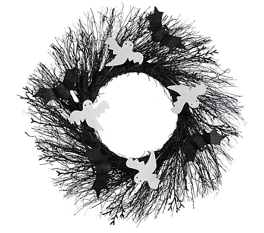 Nearly Natural 22" Halloween Ghost, Bats Twig Wreath | QVC