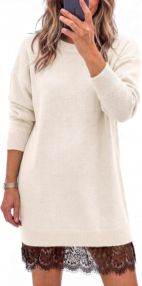 Wenrine Womens Fall Long Sleeve Lace Casual Knit Sweater Mini Dress | Amazon (US)
