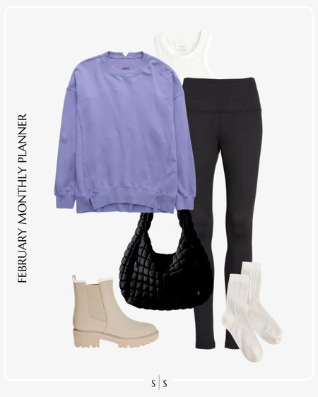Monthly outfit planner: FEBRUARY: Winter looks | purple oversized sweatshirt, leggings, Sherpa lined boot, socks, woven tote

See the entire calendar on thesarahstories.com ✨ 

#LTKstyletip