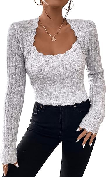 SweatyRocks Women's Long Sleeve Scallop Trim Slim Fit Rib Knit Crop Top Sweater | Amazon (US)