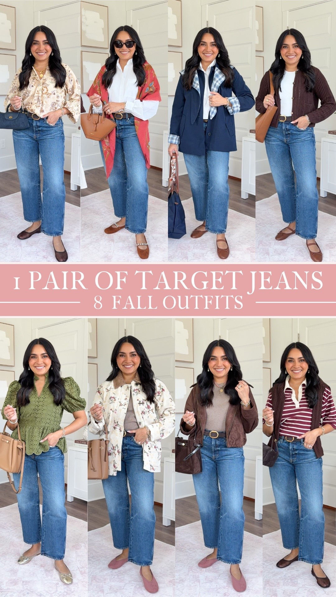 Target Jeans Styled 8 Ways!
For reference: I’m 5’0, petite, 32b bra size, and 2/26 in bottoms, pear shaped. 
*Everything I share is unaltered! TTS means true to size. Between size 5-6.5 in shoes

Jeans size 2 short TTS

Brown faux suede jacket size xs petite TTS
Tan sweater - old, similar linked
Pink ballet flats size 5 TTS

Navy blue scarf trench coat size xxs TTS
White button down - old, similar linked
Brown flats - old, similar linked

Burnt orange flats are old but linked the exact style in an updated color!

Floral barn jacket size xxs TTS
Pink ballet flats size 5 TTS

Burgundy stripe polo size xs TTS
Brown cardigan size xs TTS
Brown mesh flats size 5 TTS

Yellow floral top size xs TTS

Green eyelet top size xs TTS - Use code RACHELM15 for 15% off!
Gold flats - old, similar linked

Brown cardigan size xs TTS
White tank size xs TTS



Fall outfits women
Petite style
Casual outfit ideas
Everyday looks

#LTKPetite #LTKootd #LTKgrwm

https://liketk.it/6kJ0s

#LTKPetite #LTKSaleAlert #LTKgrwm
