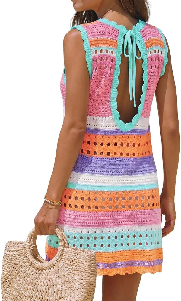 popvil Women\u2019s Swimsuit Crochet Cover Up Sleeveless Color Block Knit Bathing Suit Swimwear w... | Amazon (US)