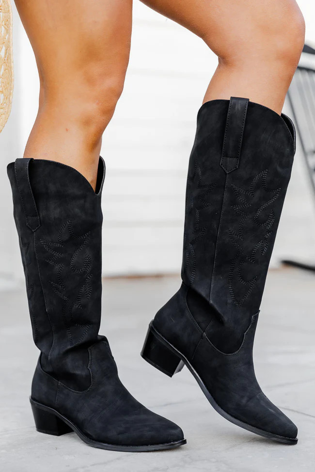 Charlotte Black Leather Cowboy Boots | Pink Lily