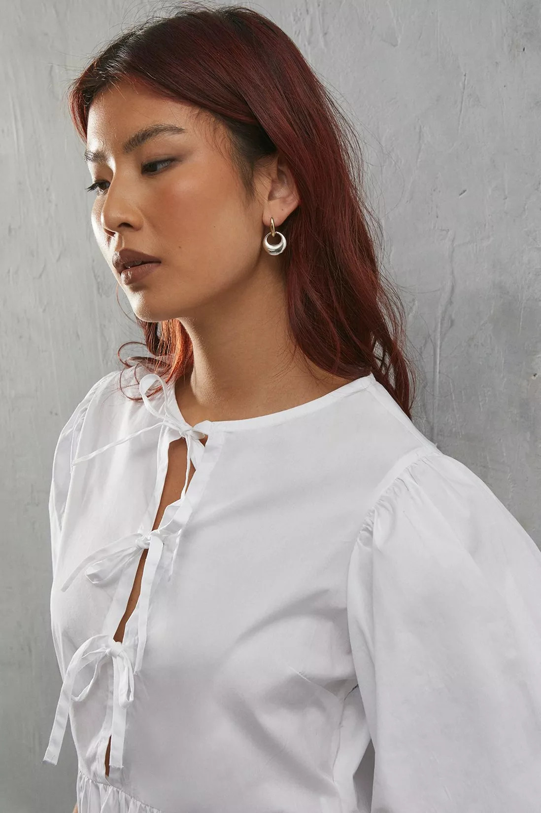 Tops | Poplin Tie Front Volume Sleeve Blouse | Warehouse | Warehouse UK & IE