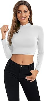 Womens Long Sleeve Crop Tops Lightweight Mock Neck Base Layer Shirts | Amazon (US)