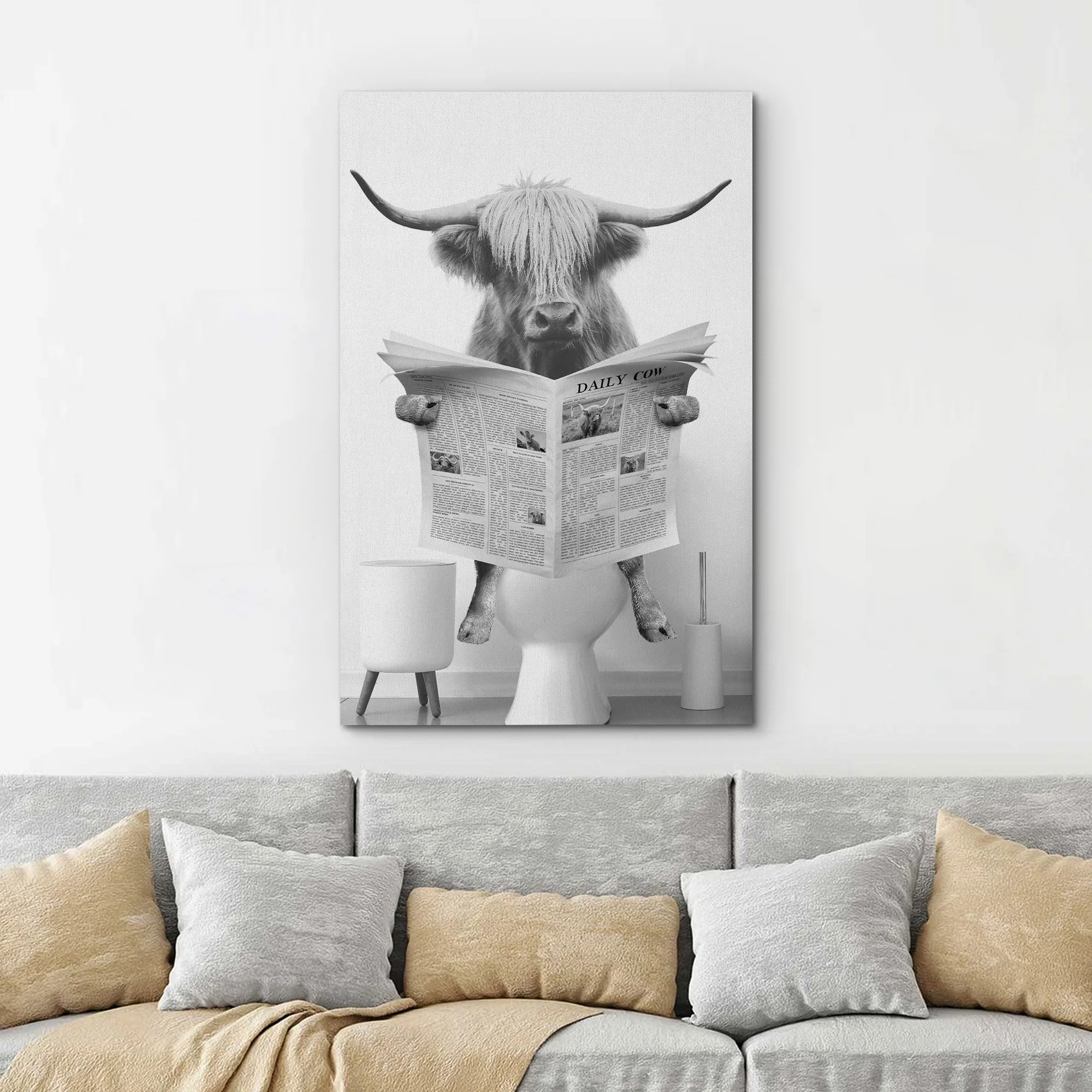 Animals Funny Bathroom Decor Black and White Highland Cow Sit On Toilet Large Framed Canvas Print... | Wayfair North America
