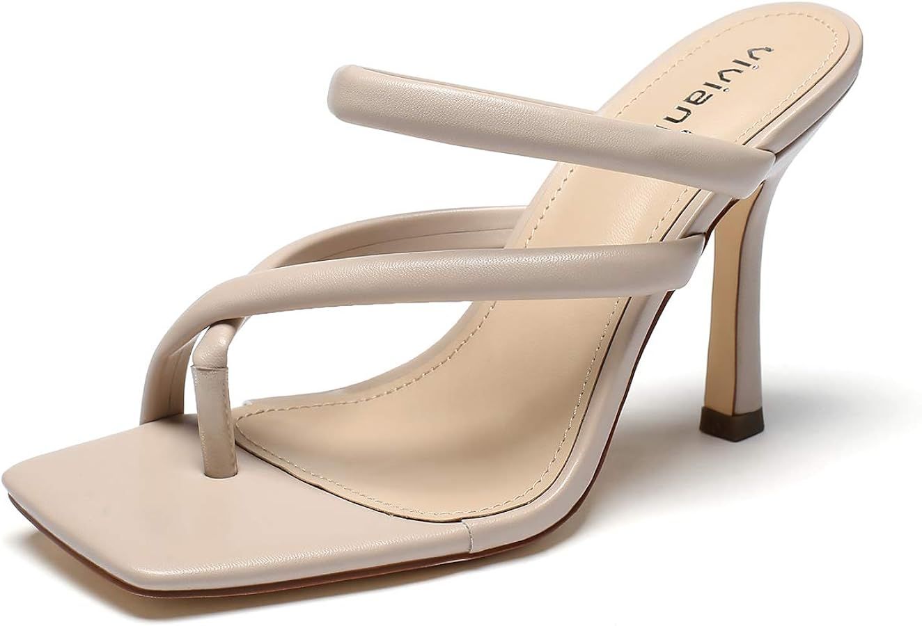 vivianly Women's Thong Heels Sandals Square Open Toe Strappy Heeled Sandal Slip on High Heel Summ... | Amazon (US)