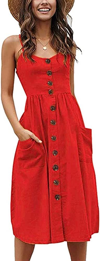 Halife Womens Summer Dresses Casual Spaghetti Strap Floral Button Down Swing Midi Dress with Pock... | Amazon (US)