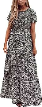 Zattcas Womens Summer Casual Short Sleeve Bohemian Floral Tiered Maxi Dress | Amazon (US)