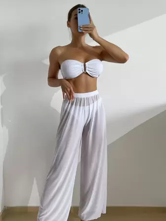 Mono Bikini Set U-Wired Bandeau Bra Top & Bikini Bottom & Beach Pants 3 Piece Swimsuit | SHEIN