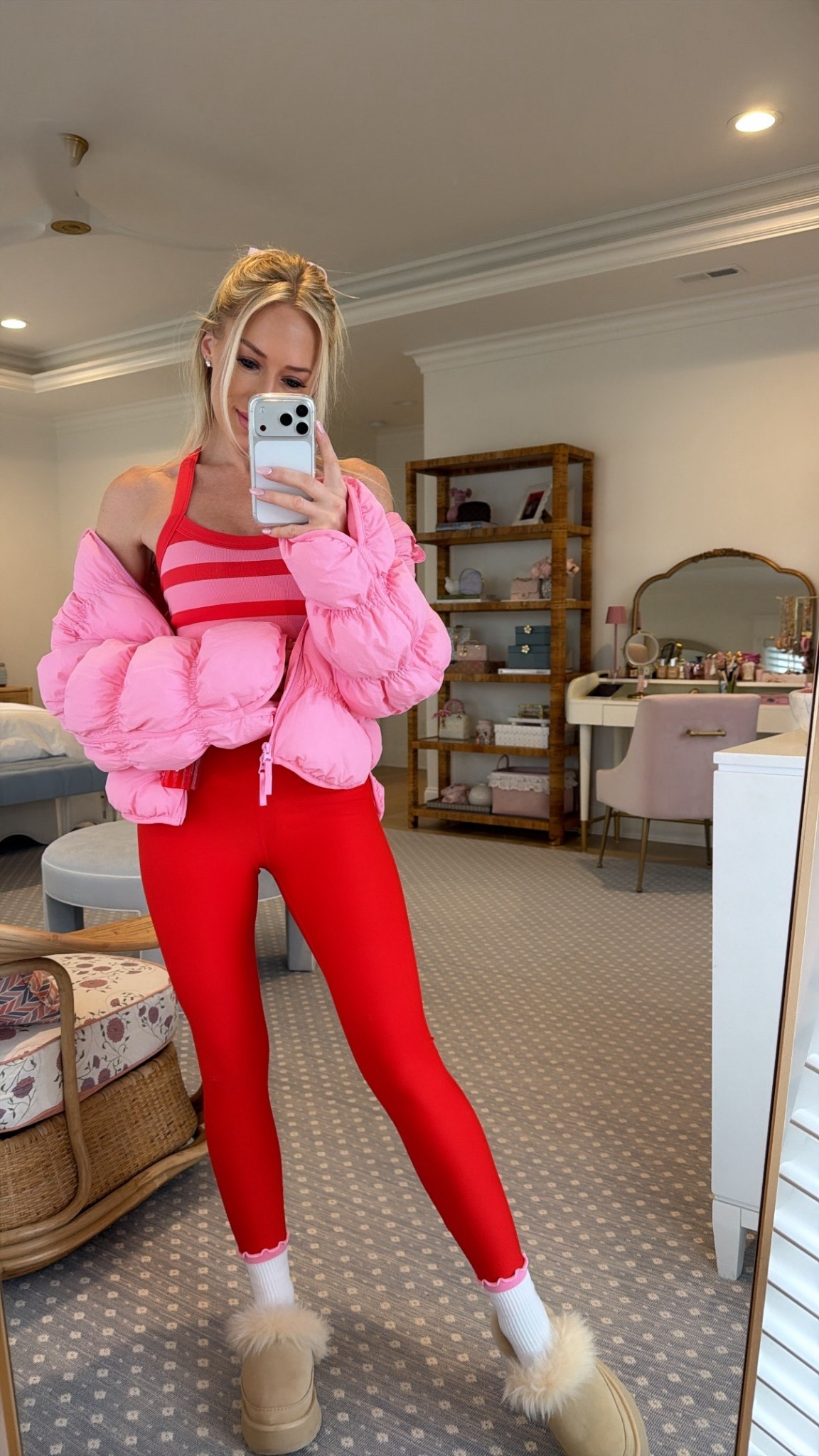 Red and pink active ootd, XS alo leggings, S tank, XS puffer 