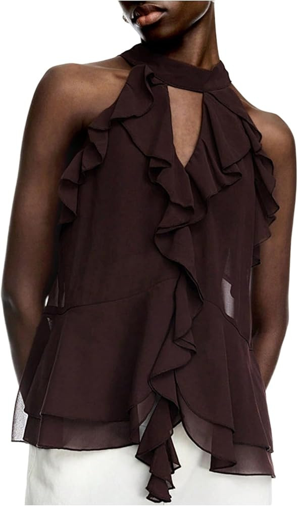 GORGLITTER Women's Chiffon Ruffle Trim Halter Neck Tops Sleeveless Tie Back Summer Going Out Top | Amazon (UK)