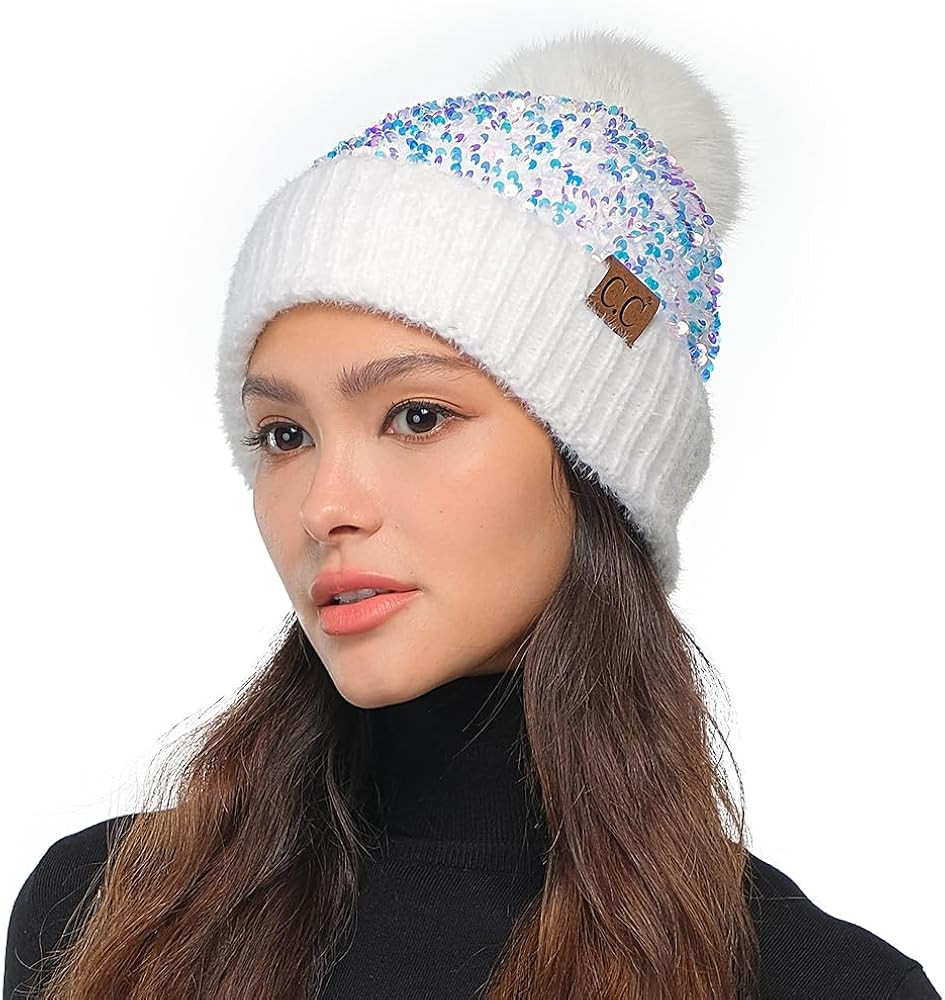C.C Sequin Pom Beanie for Women - Acrylic Stretchable Soft Warm Knit Winter Skully Hat with Yarn ... | Amazon (US)