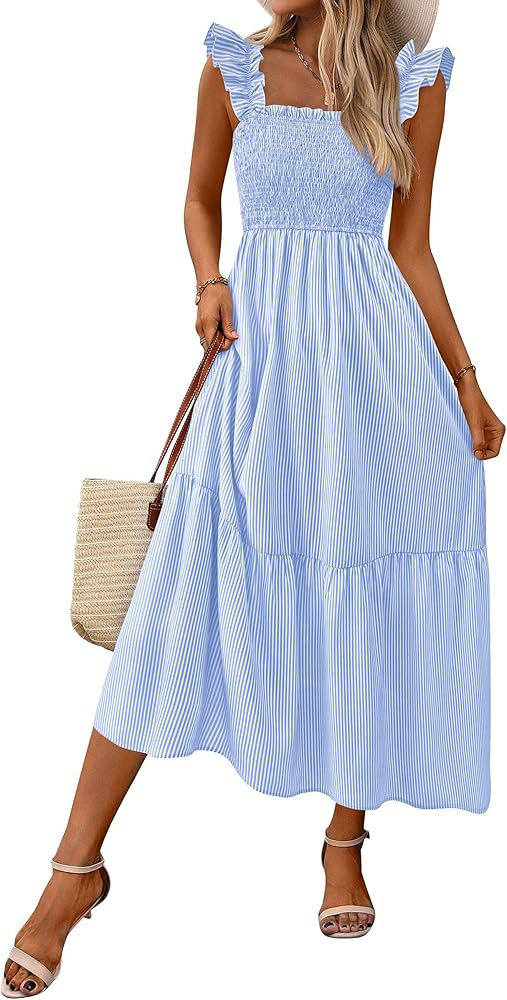 PRETTYGARDEN Womens Summer Dress Casual Square Neck Ruffle Strap Gingham Smocked Midi Flowy A Lin... | Amazon (US)