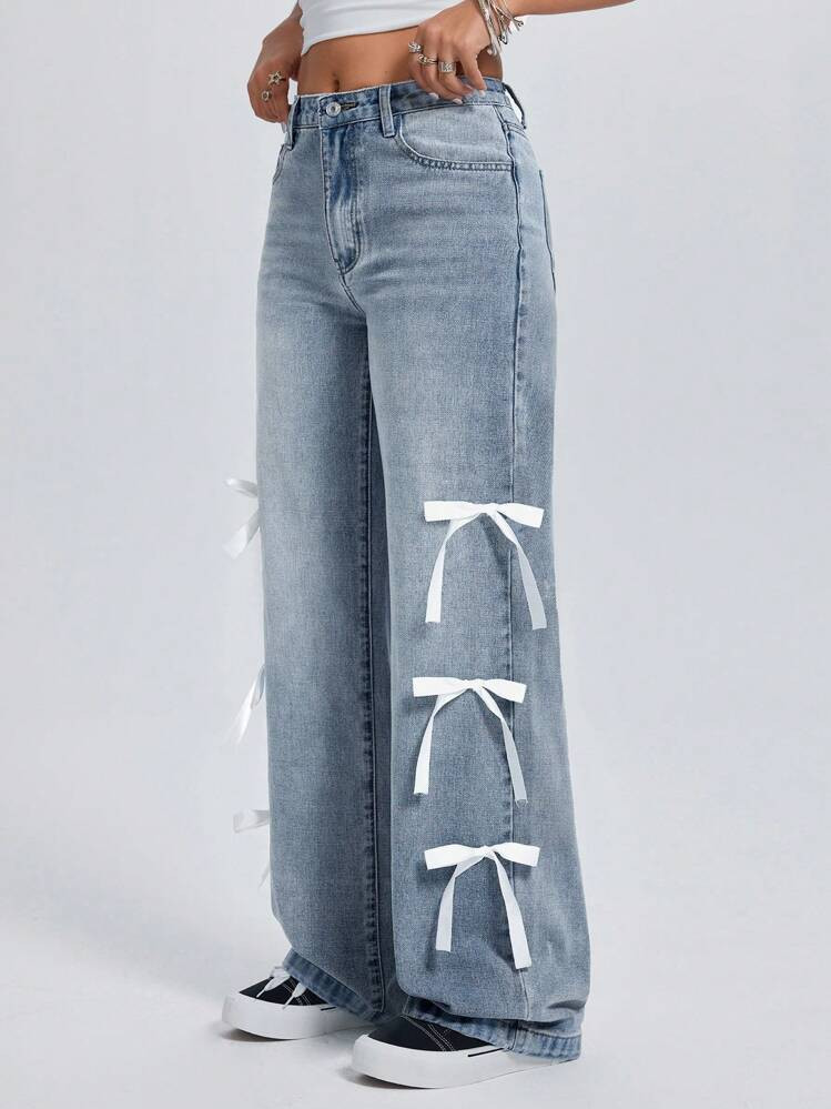 SHEIN ICON Women's Pockets Bow Decor Wide Leg Loose Casual Jeans Baggy Jeans Women | SHEIN