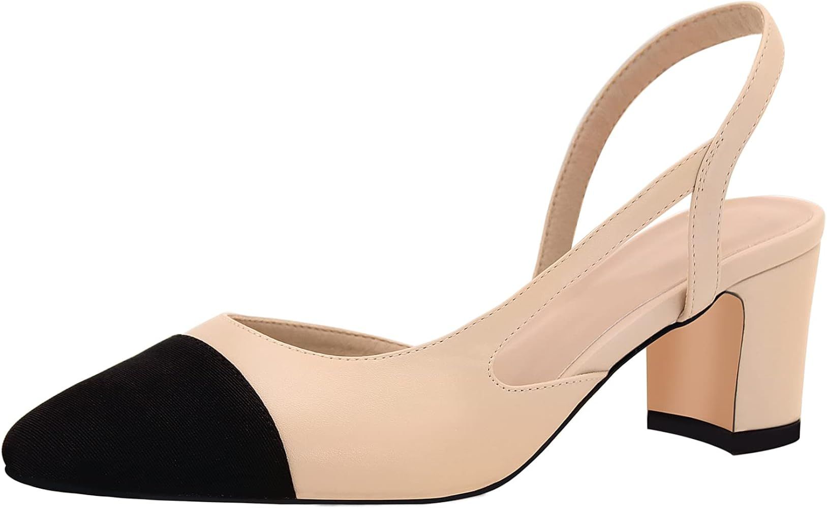 Slingback Heels for Women，Round Toe Chunky Heeled Pumps Ankle Strap Fashion Splicing Dress Shoe... | Amazon (US)