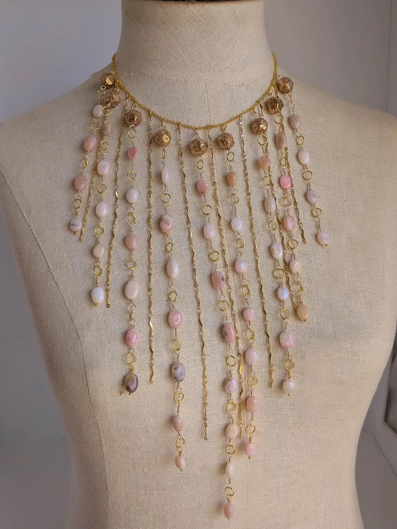 Glamourous 9-Strand Pink Opal Waterfall Necklace: Gold-Plated Lava & Chains, Handmade | Etsy (US)