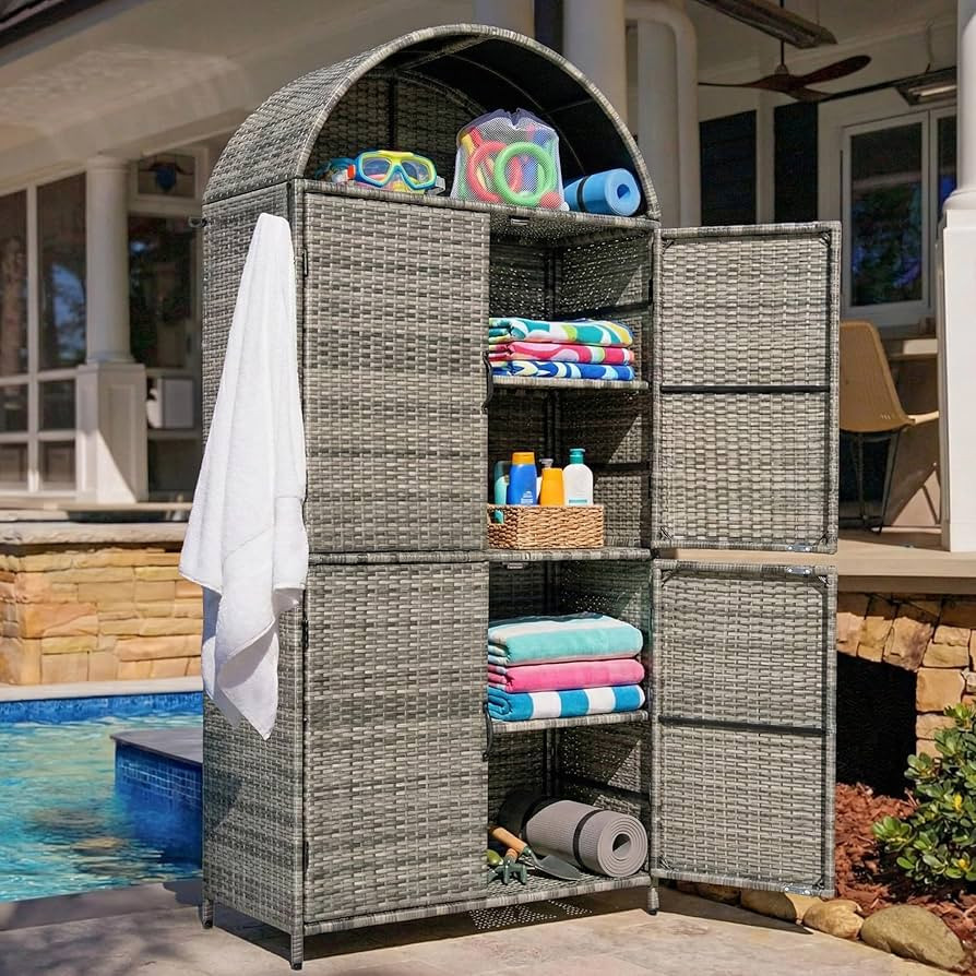 72" Tall Arched Wicker Outdoor Storage Shed with Shelves, 4-Door Rattan Vertical Shed with Adjust... | Amazon (US)