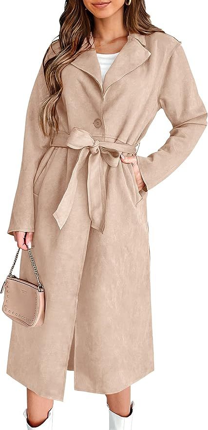 PRETTYGARDEN Women's 2023 Fall Fashion Overcoat Faux Suede Shacket Jacket Lapel Belted Long Trenc... | Amazon (US)