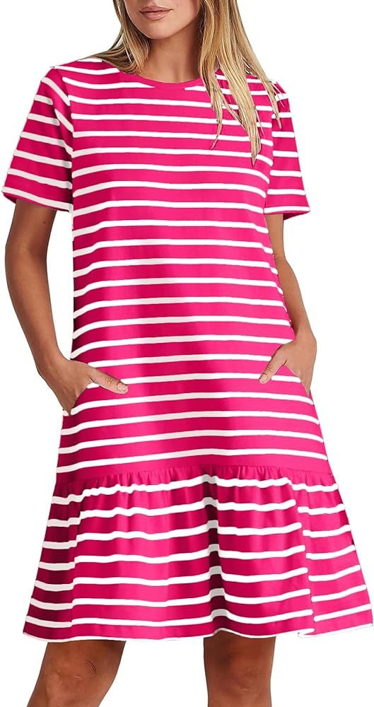MITILLY Women's Casual Summer T Shirt Dress Striped Loose Short Sleeve Tunic Dress with Pockets | Amazon (US)