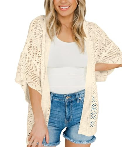 Saodimallsu Womens Lightweight Crochet Cardigans Summer Oversized 3/4 Sleeve Open Front Knit Kimono Cover Up Beige | Amazon (US)