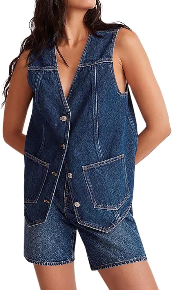 Tankaneo Denim Vest for Women Casual V Neck Button Down Sleeveless Jean Jacket | Amazon (US)