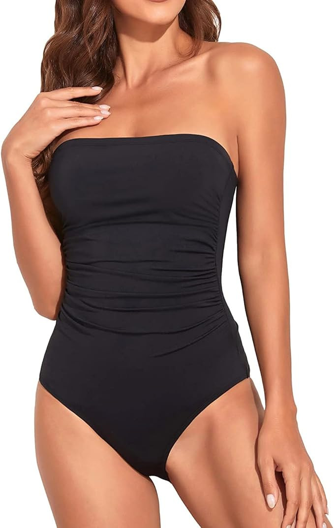 Holipick Women Tummy Control One Piece Swimsuits Strapless Bandeau Bathing Suits Slimming Halter ... | Amazon (US)