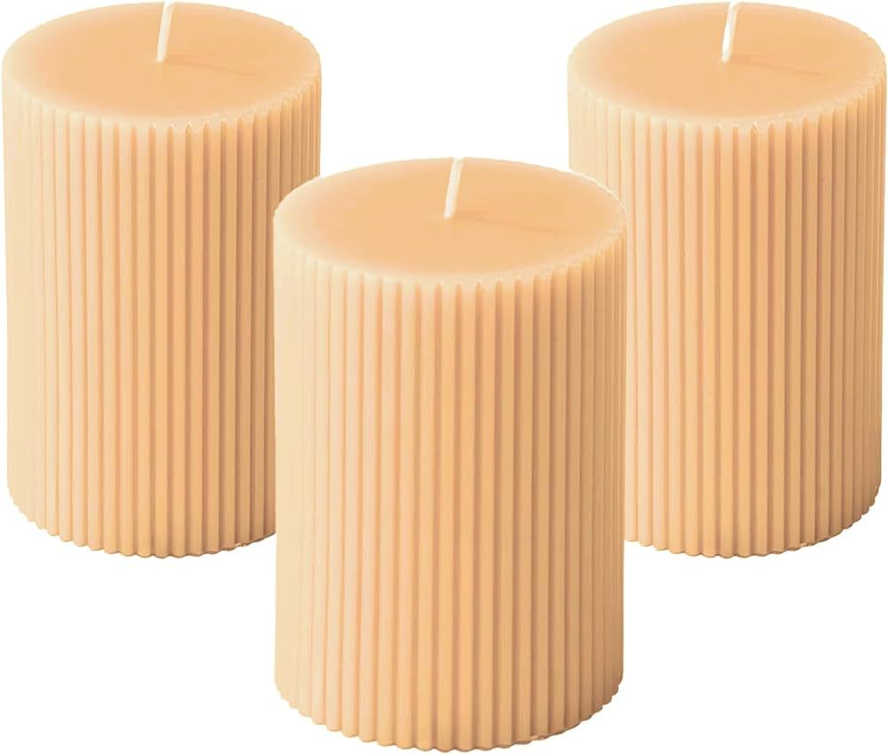 Ribbed Pillar Candles 2.75x4'' Yellow Unscented Modern Home Décor Handmade (3 Packs, Champagne Y... | Amazon (US)