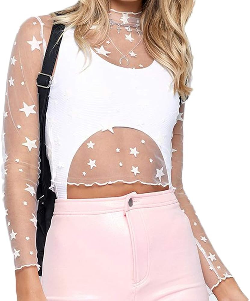 Womens Casual Sheer Mesh See Through Crop Top Star Print Long Sleeve Tee Shirt Turtleneck Blouse | Amazon (US)