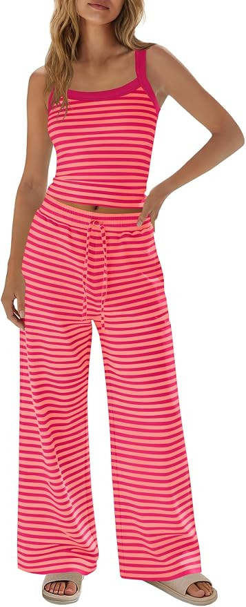 Yanekop Womens 2 Piece Pants Set Summer Striped Matching Lounge Set Sleeveless Casual Sets Vacati... | Amazon (US)