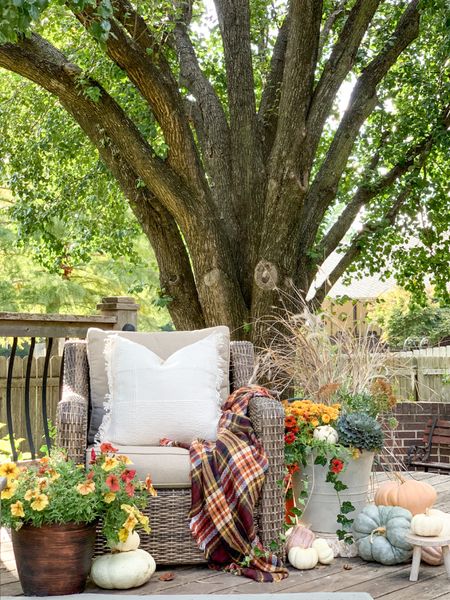 Fall Decor on the Patio 🤎

Super inexpensive fall scarf works beautifully as affordable fall decor! 
