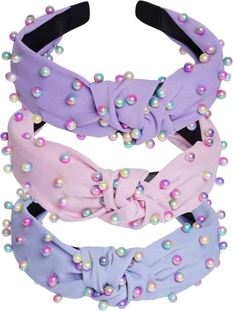 Sucrain 3 Pcs Pearl Knotted Headbands for Women Girls Colorful Jeweled Embellished Gem Faux Pearl... | Amazon (US)