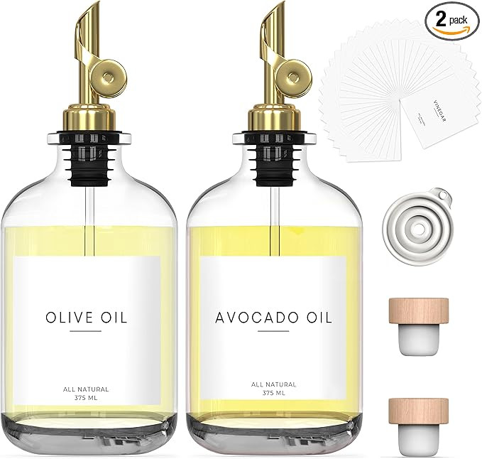 WASHEE Glass Oil Dispenser Bottle for Kitchen - 12.7 oz with Spouts, Stoppers, Labels - Oil and V... | Amazon (US)