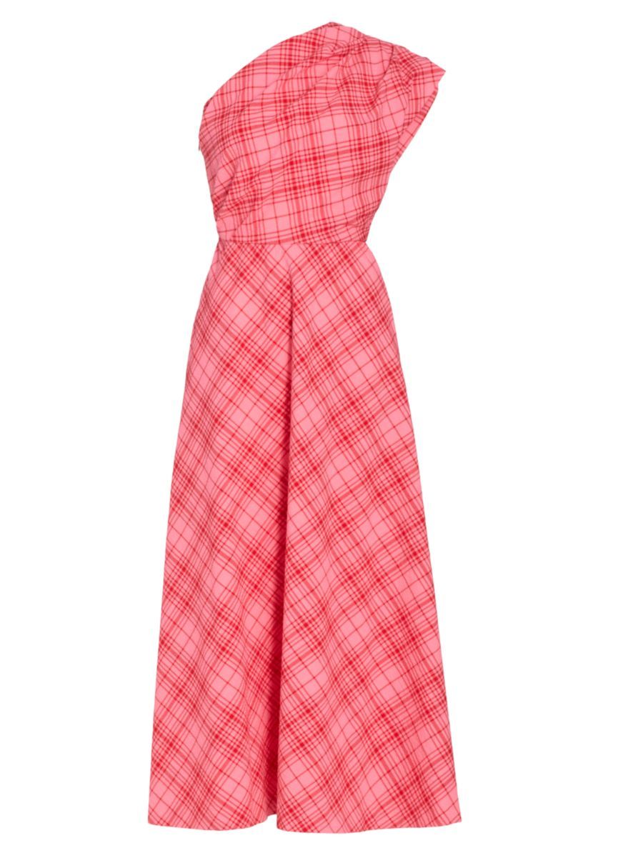 Lela Rose Plaid Seersucker One-Shoulder Midi-Dress | Saks Fifth Avenue