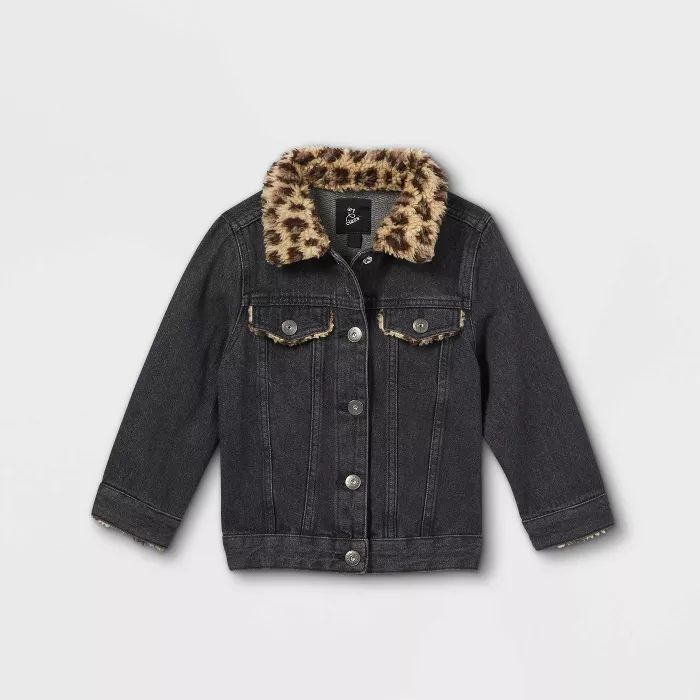 Toddler Girls' Leopard Sherpa Jean Jacket - art class™ Black | Target