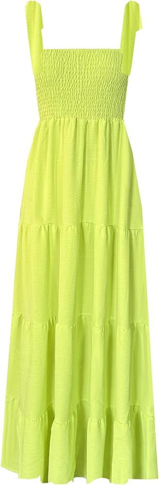 kinstell Women's Summer Boho Spaghetti Strap Square Neck Ruffle Casual Flowy Long Dress Beach Swi... | Amazon (US)