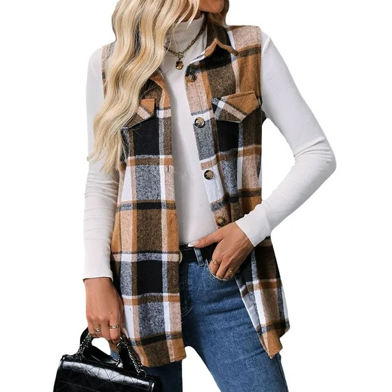jinghuiyue Womens Plaid Vest Button Down Sleeveless Lapel Neck Long Vest Tops Outerwear Casual Fl... | Walmart (US)
