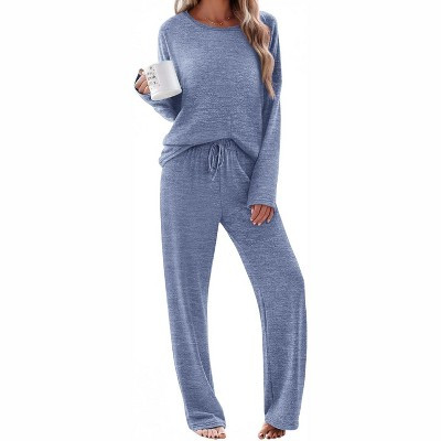 Ekouaer Pajama Set Womens Long Sleeve Sleepwear Pullover Top and Pants Cozy Loungewear Soft Pjs Lounge Set with Pockets Blue S | Target