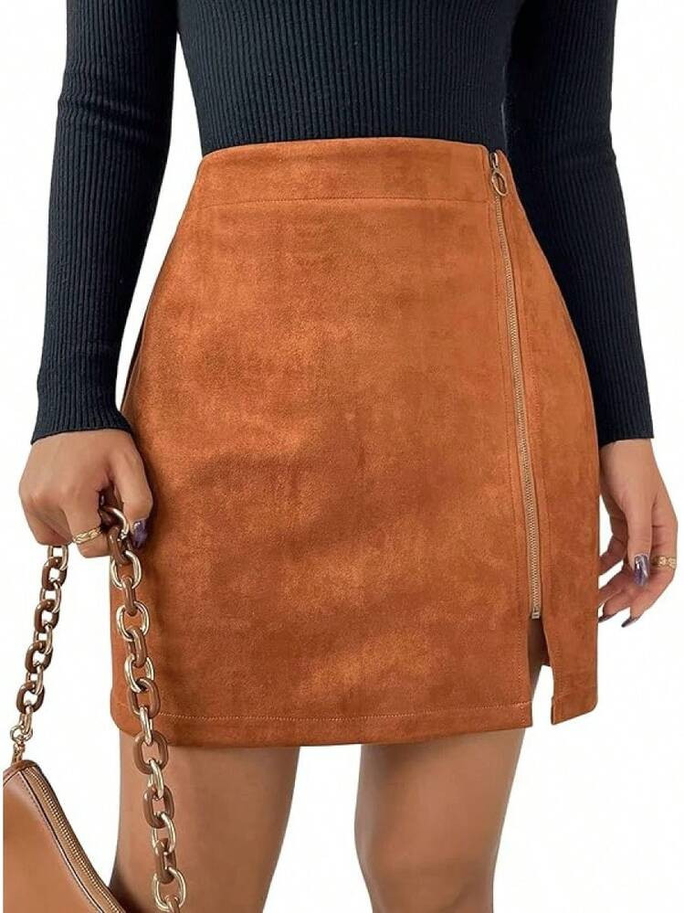 Women's High Waist Faux Suede Double Zipper Front Bodycon Skirt | SHEIN