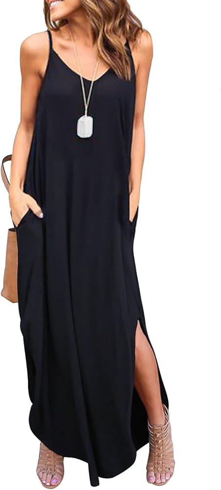 HUSKARY Women's Summer Casual Sleeveless V Neck Strappy Split Loose Dress Beach Cover Up Long Cam... | Amazon (US)