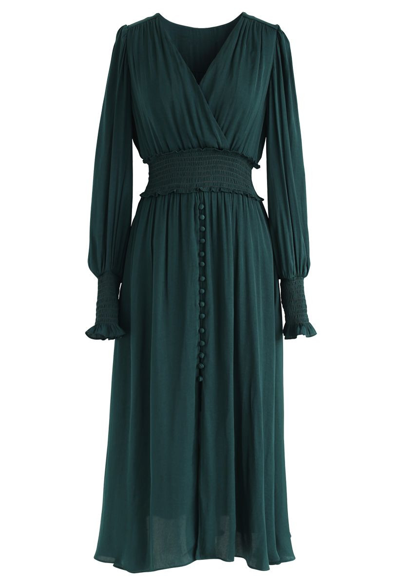 Satin Button Down Wrap Midi Dress in Dark Green | Chicwish