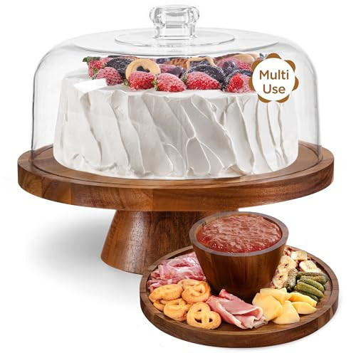 HBlife Cake Stand with Glass Lid (11.4"), Multifunctional Cake Stand with Dome, Acacia Wood 6-in-1 Cake Plate Display Stand with Cover for Baking Gifts, Birthday Kitchen Parties, Weddings | Amazon (US)
