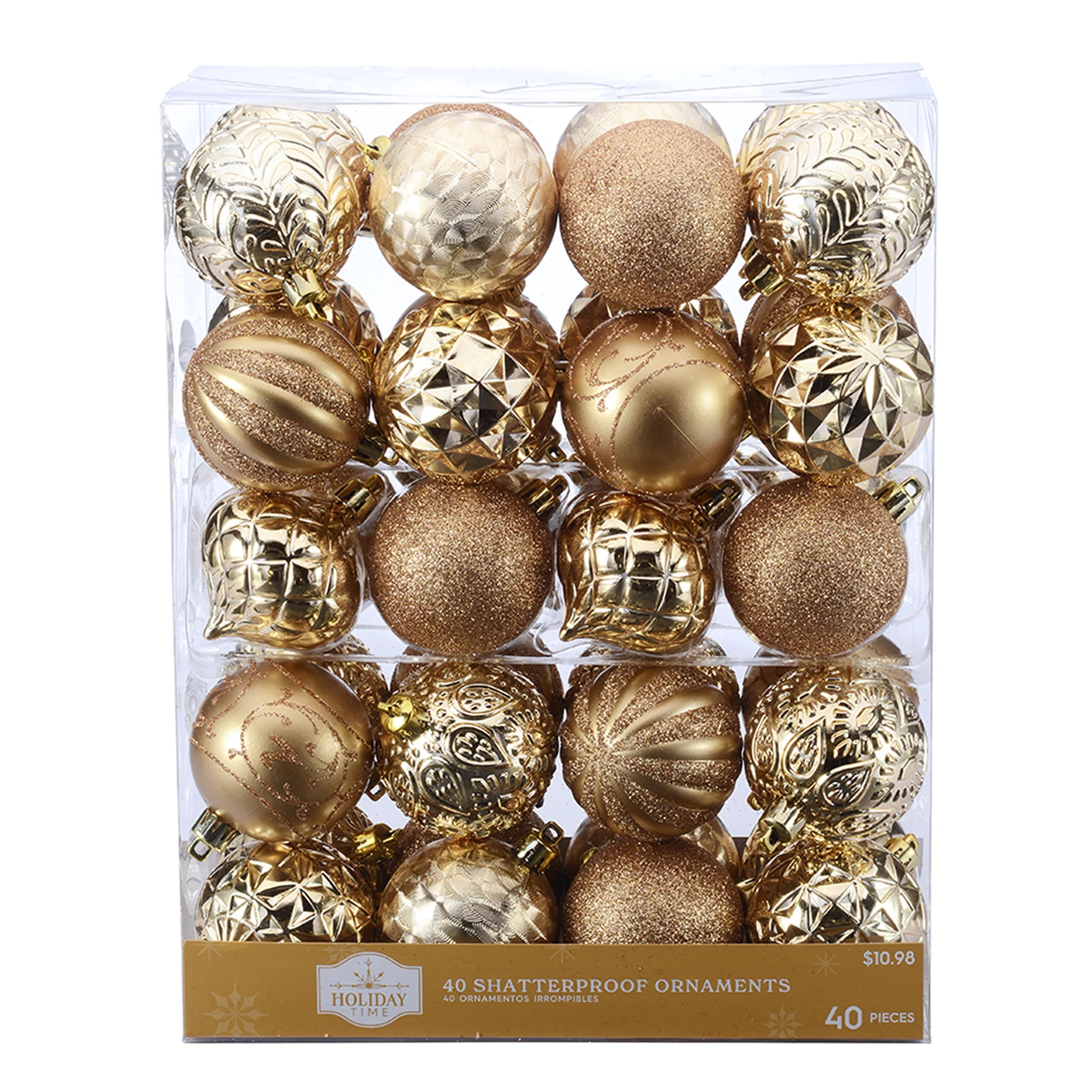 Holiday Time 60 mm Christmas Shatterproof Ornaments, Metallic Gold, 40-Count | Walmart (US)