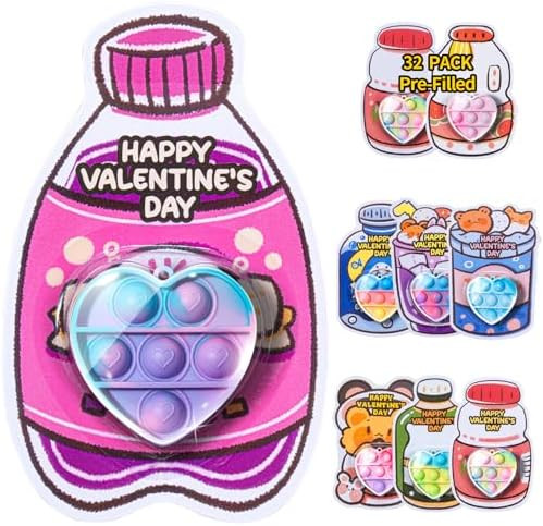 Valentines Day Gifts for Kids - 32 Pack Prefilled Heart Pop Fidget Valentines Cards for Kids Clas... | Amazon (US)