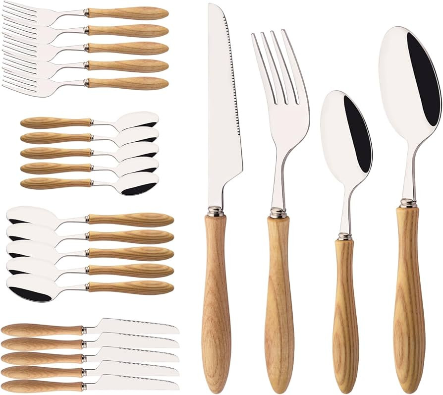 304 Stainless Steel Flatware Silverware Set with Wooden Handles, Rustic Tableware Cutlery Set for... | Amazon (US)