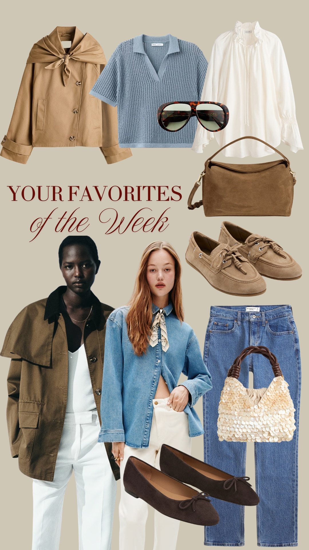 BESTSELLERS OF THE WEEK ✨ Your most loved pieces of the week ✨ TAGS: beige scarf trench, khaki jacket, khaki cape jacket, blue knit polo top, denim shirt, blue wide leg jeans, blue straight jeans, brown leather ballet flats, suede leather beige loafers, brown sunglasses, Sequined handbag, brown suede leather bag, ruffled blouse 

 #LTKspring #LTKsale #LTKshoes